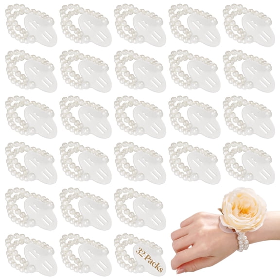 32 Pack Pearl Wristlet Bracelets for Weddings – Elastic DIY Corsage Bands with Transparent Base for Bridesmaids & Wedding Decor | Wedding Bracelet Decorations Accessories
