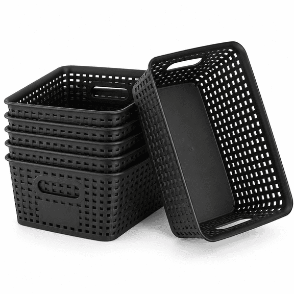 Starfa Lab 6 Pack Plastic Storage Baskets with Handles – Stackable Woven Baskets for Closet, Pantry, Bathroom & Shelf Organization(4x7.1x10.1in,Black)