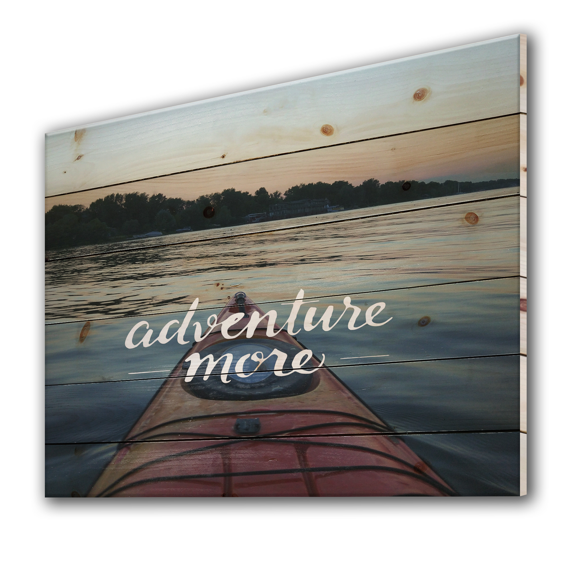 Designart 'Adventure More Kayak on River View' Nautical & Coastal Print on Natural Pine Wood