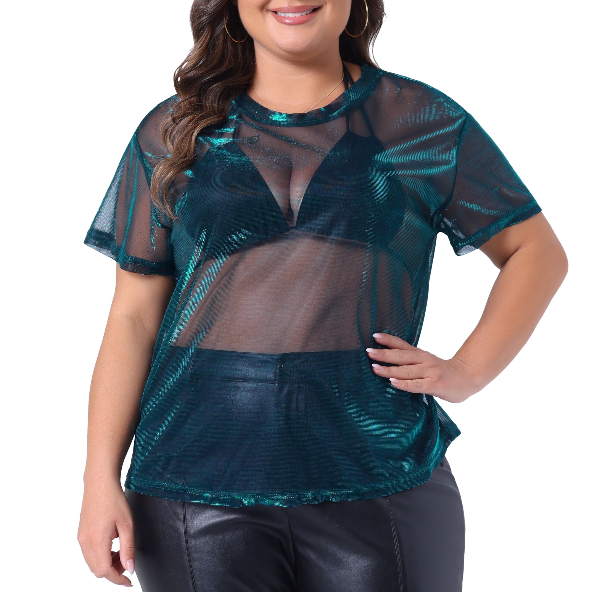 DARING DIVA Women's Plus Size Sheer Mesh Holographic See Through Blouse 4X Cyan