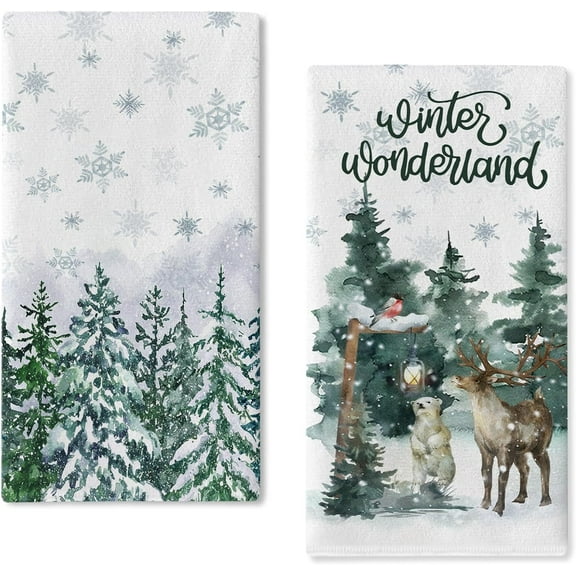 SM-XLHN Snowy Winter Wonderland Pine Tree Snowflake Kitchen Dish Towel, Watercolor Reindeer Bear Bullfinch Woodland Animal Hand Drying Cloth, Christmas Farmhouse Snow Decor Home Decoration 18x26