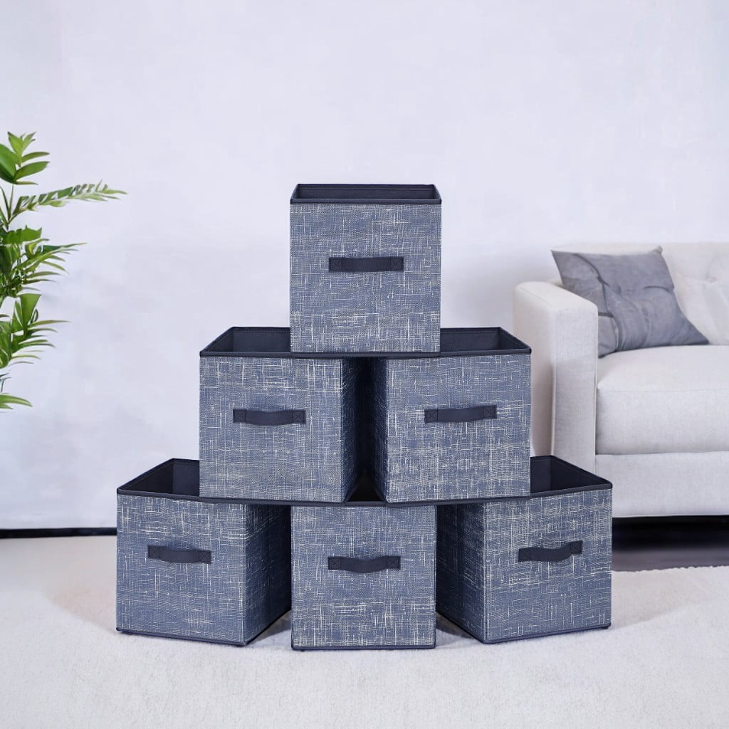11" Cube Storage Bin 6 Foldable Fabric Cube Organizer Bin with Double Handles Storage Box for Living Room Bedroom Office Navy Blue