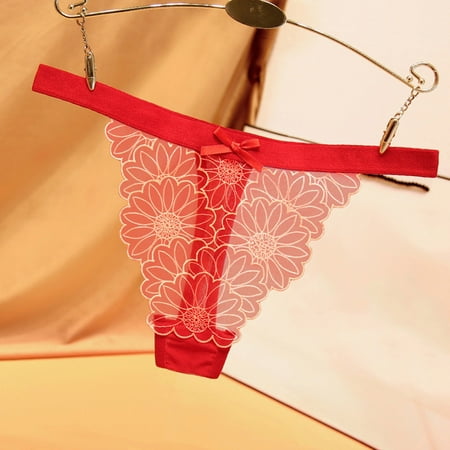 

nsendm Ladies Fashion Daisy Embroidery Panties Hollow Jacquard Thin Low Waist High Elastic Thong Underwear Women Bikini Lace Underpants Red One Size