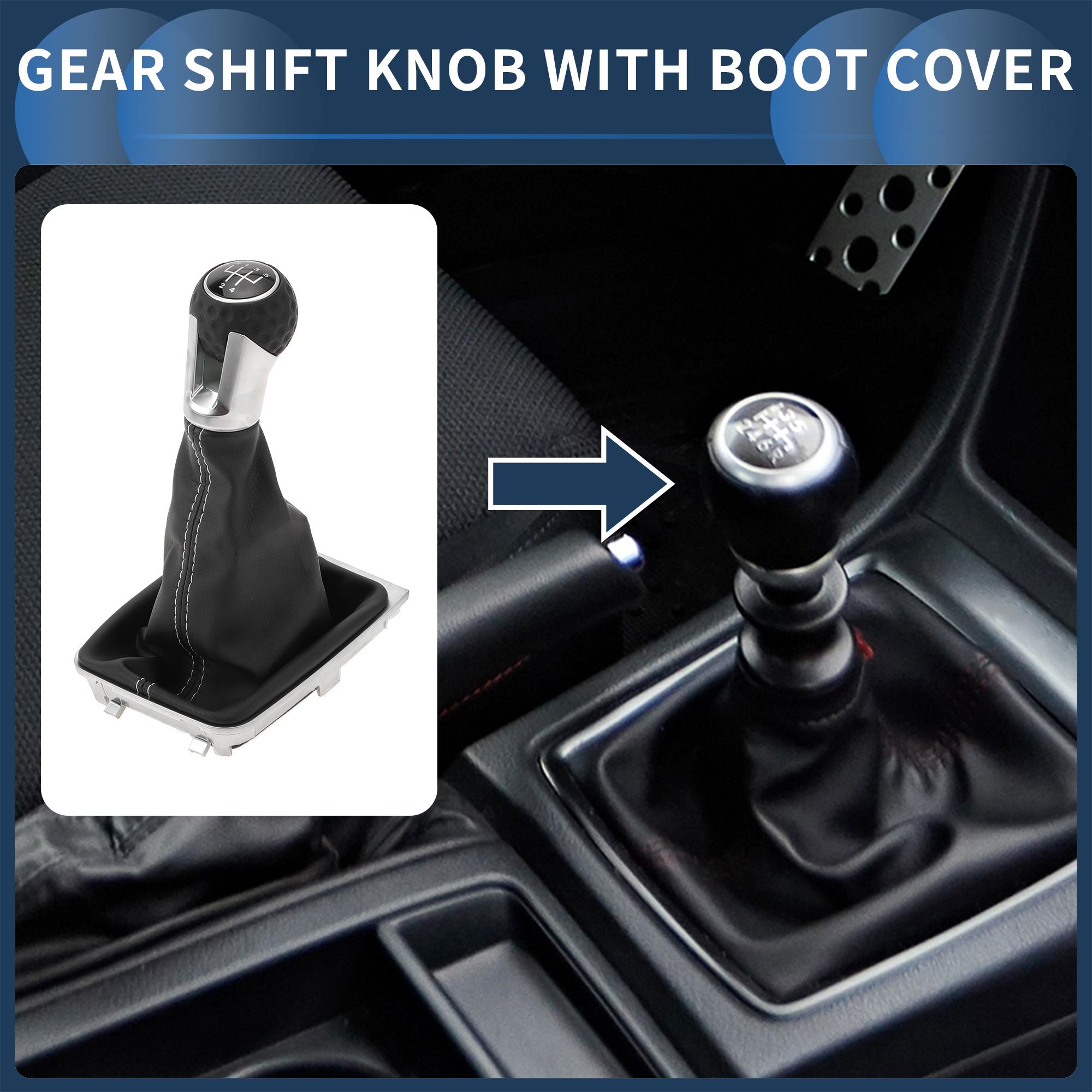 Unique Bargains 5 Speed Manual Gear Shift Knob with Cover, Gearbox Stick Shifter Lever Knob for VW Golf MK7 GTI GTD 2013-2018 Plastic Faux Leather Black White, 1 Pc