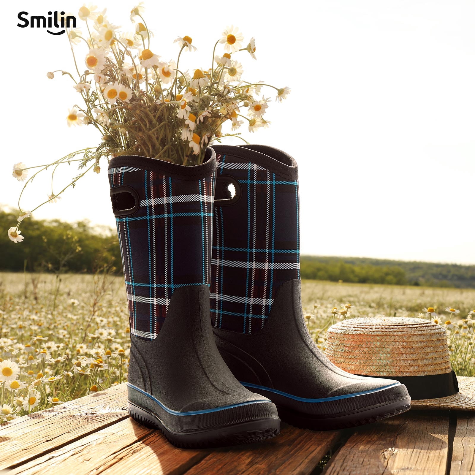 SMILIN Rain Boots for Women, Anti-slip Mid Calf Women Mud Boots, Blue, Size 11