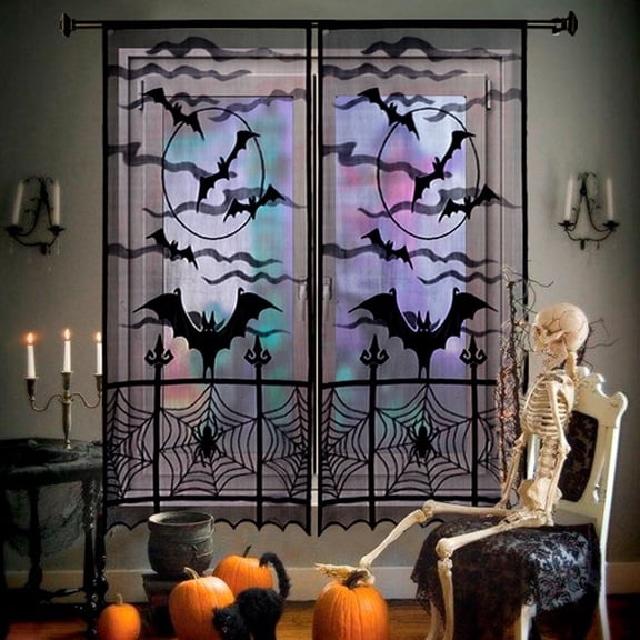 Coolmade 2pcs Black Halloween Lace Window Curtain, Spider Web Bats Door Curtain Panel Decor for Spooky Halloween Holiday Party Decoration, 40 x 84 Inch