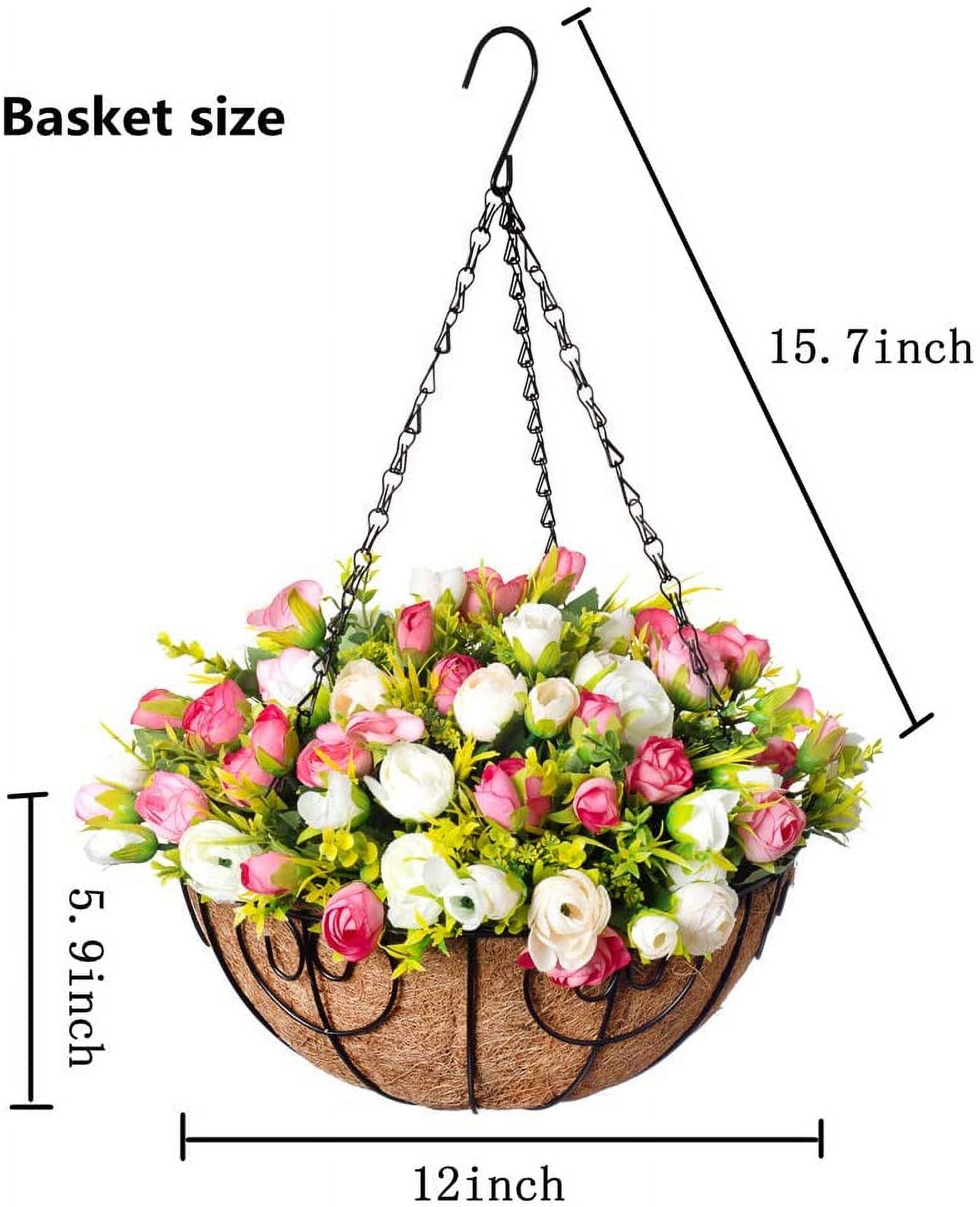 Artificial Fake Hanging Plants Flowers Basket for Spring Outdoor Decoration,Faux Silk Flowers Realistic UV Resistant in 12 inch Coconut Lining Baskets for Patio Decor(Rose red White)