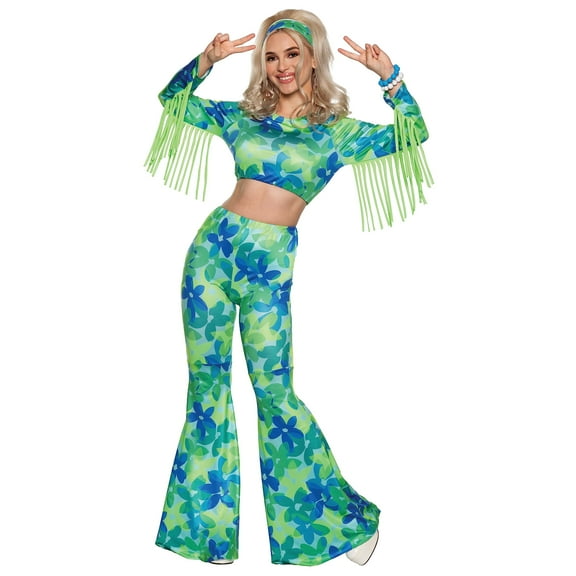 UNDERWRAPS Psychedelic Crop Top Costumes - Flower Power Halloween Costume for Women, 70s Outfit Hippie Disco Crop Top & Bell Bottoms 60s(Blue Crop, Large 12-14)