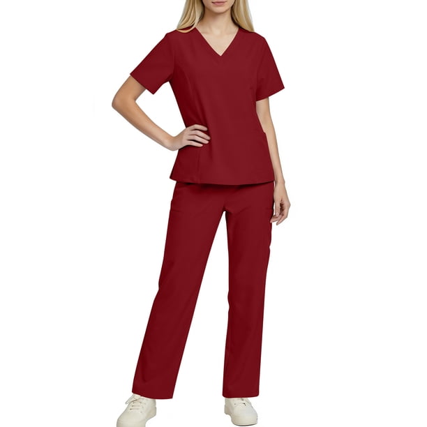 Conjuntos de uniforme médico para mujer, informal, cuello en V, manga corta, camiseta y pantalones con cintura elástica, color liso, 2 piezas, con bolsillos