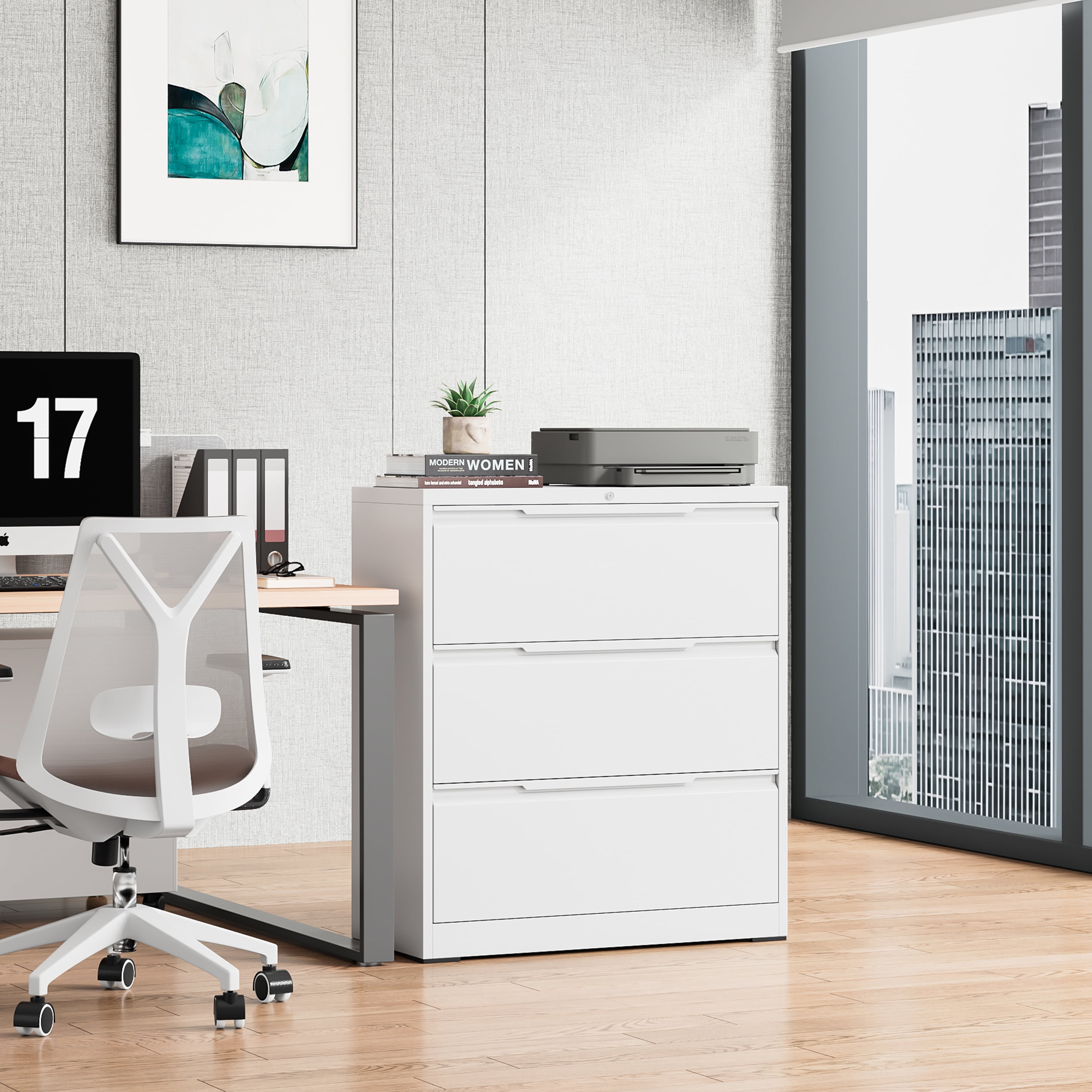 Lateral File Cabinet with Lock, 3 Drawer Lateral Filing Cabinet for Office Home, Locking Metal Steel Wide File Cabinet for Hanging Files Letter/Legal/F4/A4 Size, Easy Assemble White