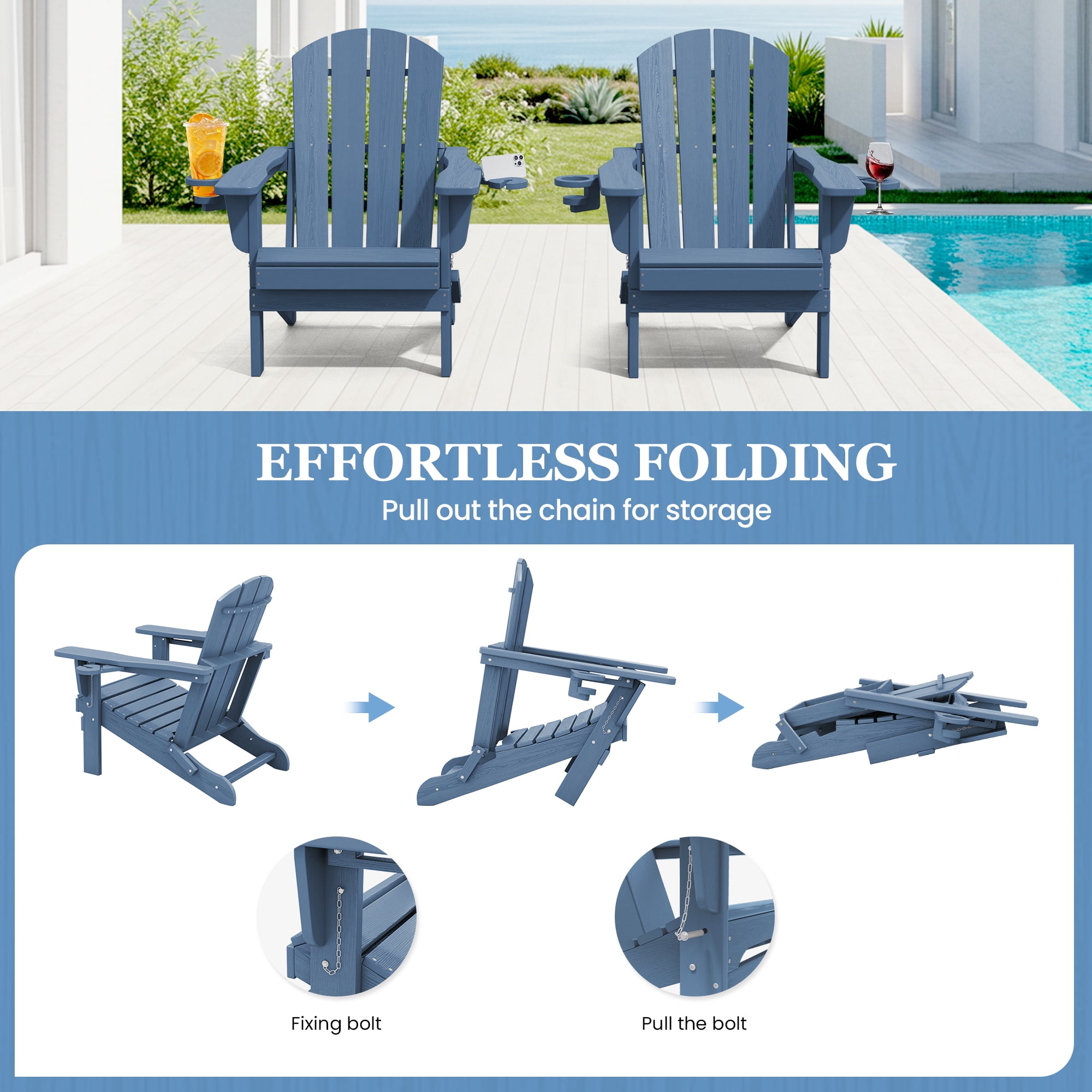 SERWALL Folding Adirondack Chair Set with Dual Cup Holders & Phone Holder, All-Weather HDPE Fire Pit Chairs for Outdoor, Patio, Poolside, Garden - Blue
