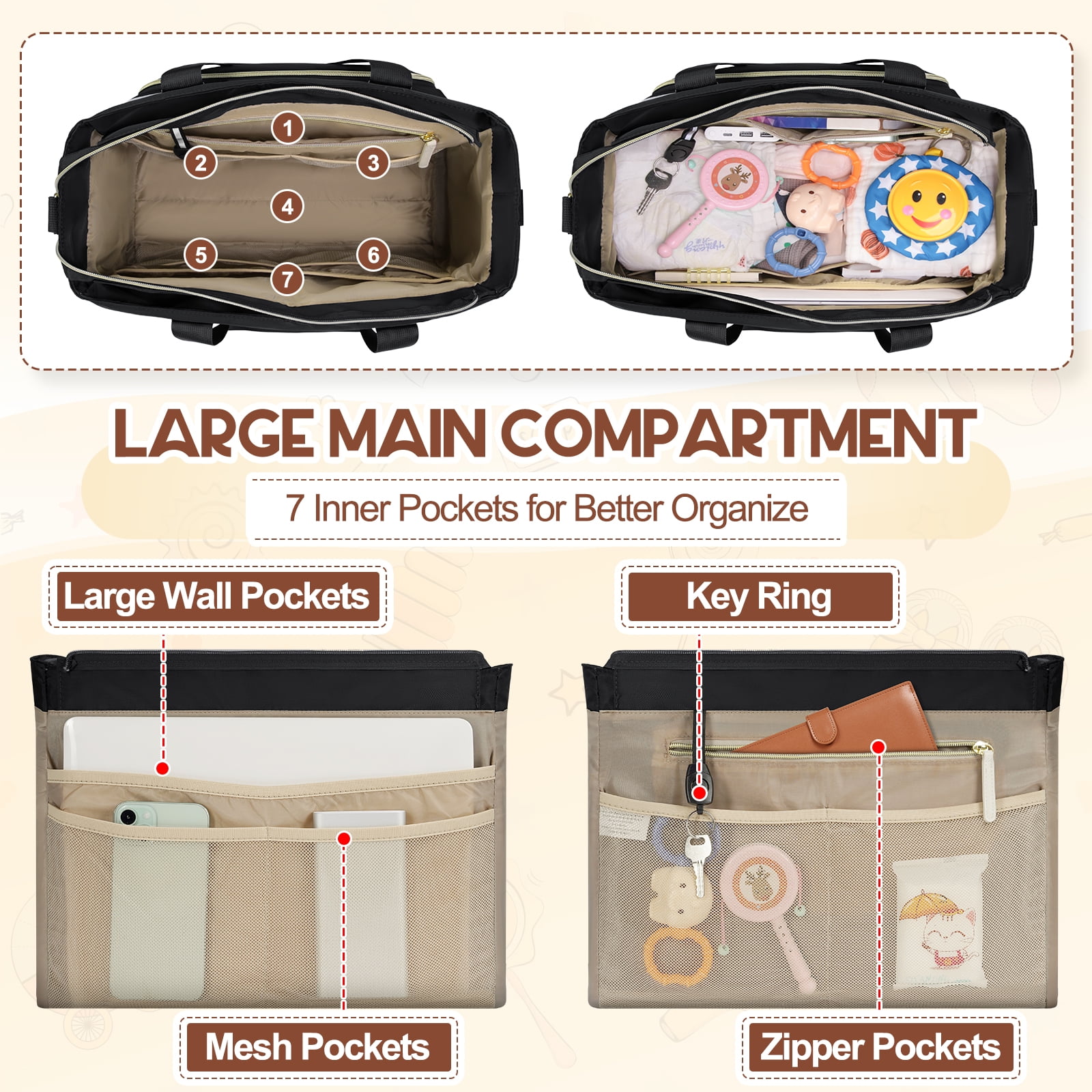 RAINSMORE Diaper Bag Tote, Large Diaper Baby Bag Waterproof Multifunctional Diaper Bag with Pacifier Case & Changing Pad
