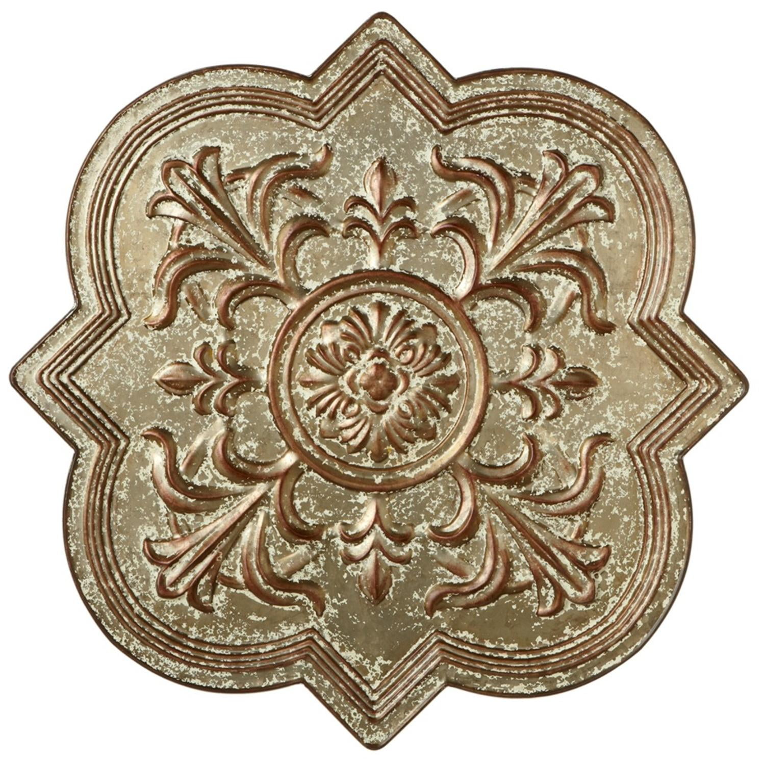 35.6" Ivory and Brown Distressed Galvanized Embossed Medallion Wall
