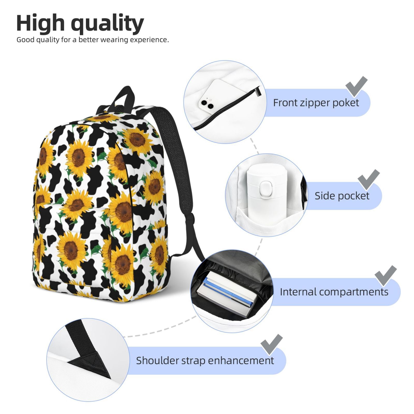 Vsdgher Cute Cow Print Sunflower B Print Canvas Backpack Travel Rucksack Unisex Knapsack 15.7/17.7Inch Laptop Backpack for Work,College -Small
