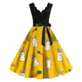 thumbnail image 2 of LWavelet Women's Sleeveless Scalloped Neck Fit-and-Flare Dress, Bunny & Easter Egg Print with Satin Bow Belt for Easter & Casual Outfits Saffron L, 2 of 5