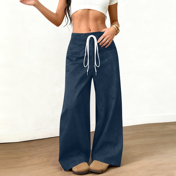 Pincandy Women's Solid Color Faux Suede Elastic Waist Wide Leg Pants - High Stretch Casual Loose Fit with Pockets, Perfect for Daily Wear & Weekend Getaways