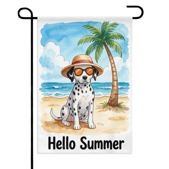 Hello Summer Dalmatian Beach Garden Flag 12×18in Double Sided Tropical Coastal Dog UV Protected Fade Resistant Weatherproof Decor For Outdoor Yard Lawn Patio Home
