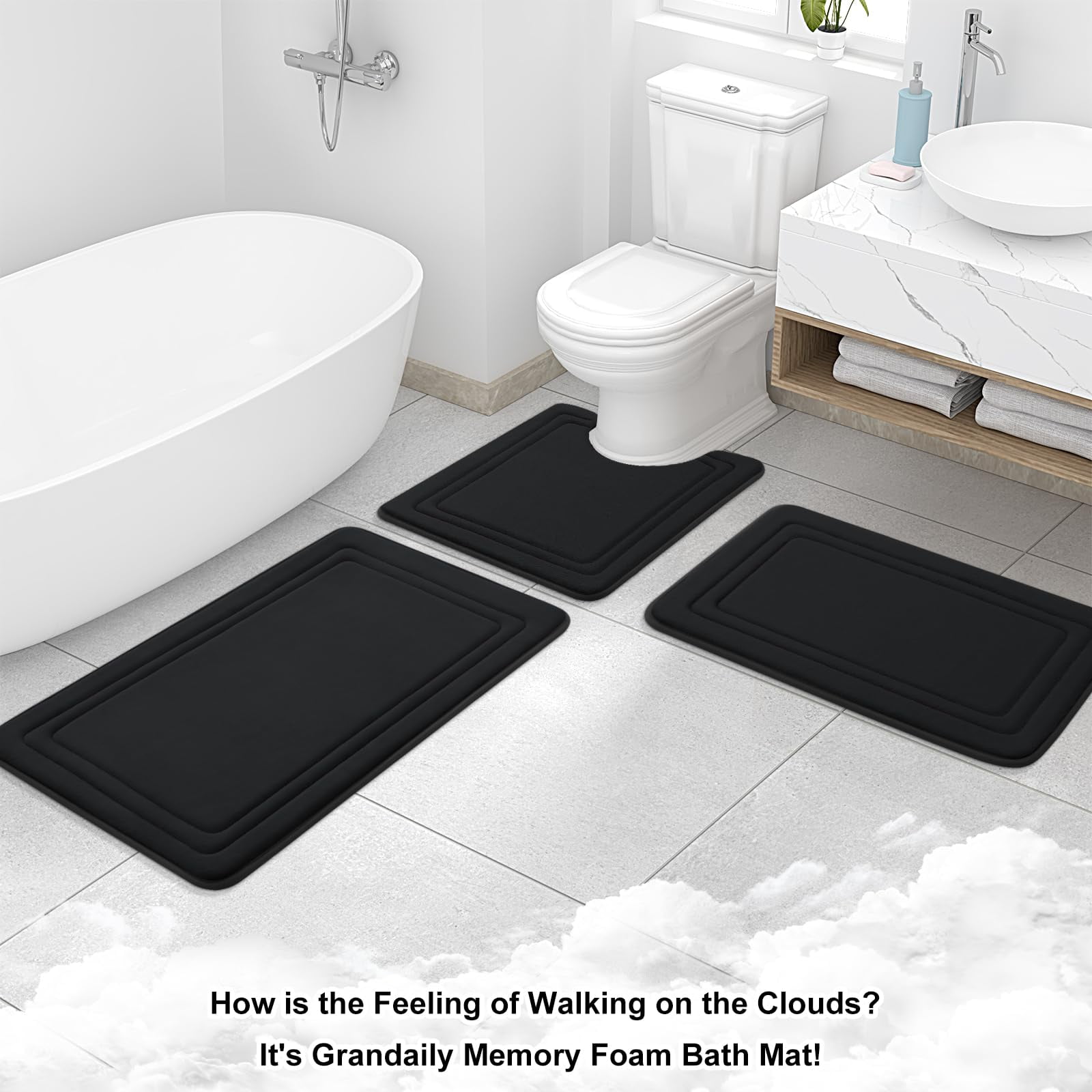 Smiry Memory Foam Bathroom Mat Rug 16"x 24", Ultra Soft Absorbent Bath Rug, Non-Slip Machine Washable Bath Carpet, Black