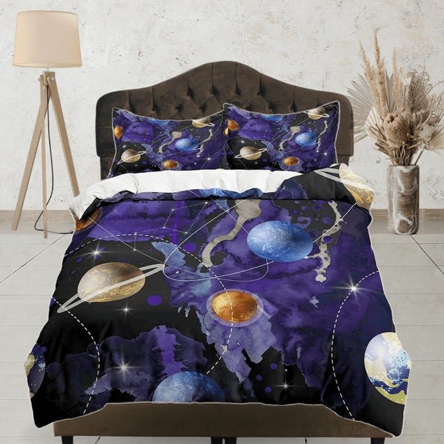 Planetas Galaxy Purple Bedding, Outer Space Bedding Set Full, Cosmic Duvet Cover