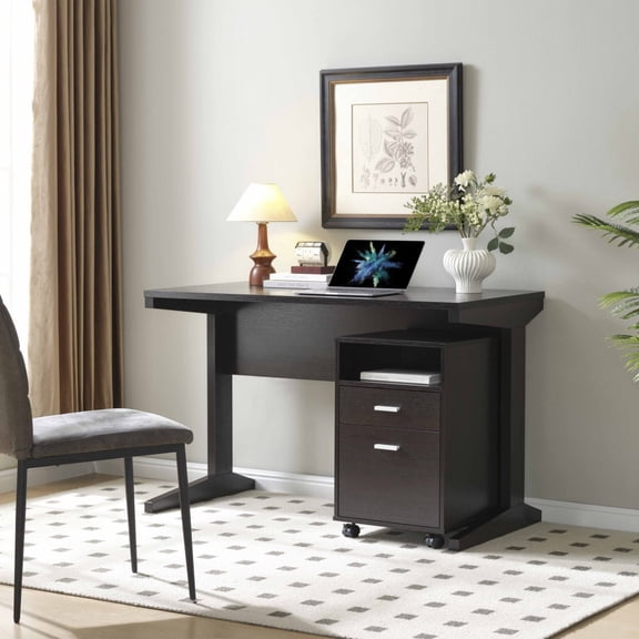 Newboti Furniture Home office desk with modesty panel and detached file cabinet on locking wheels with two drawers file drawer cubby shelf metal bar handle Red Cocoa color BN.7132