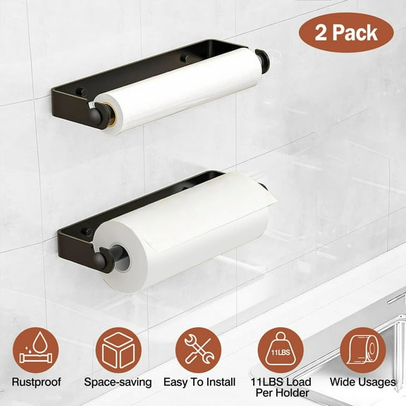 Moclever 2 Pack Wall Mount Paper Towel Holder Paper Towel Rack for Bathroom Kitchen Pantry Sink Balcony Aluminum Toilet Paper Holder, Black