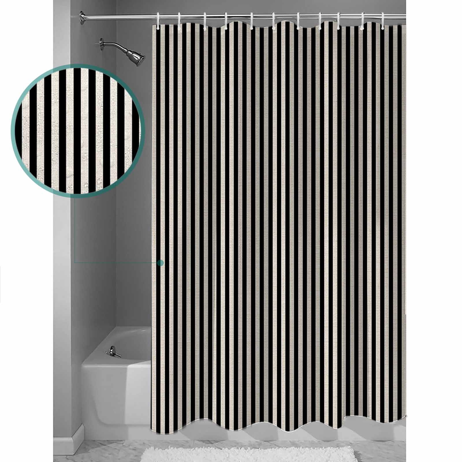 Extra Long Shower Curtain 72x84 Inch, Black Striped Shower Curtain Waterproof Bathroom Decor Modern Simple Farmhouse Beige Vintage Fabric Bath Curtain Set Accessories with Hooks