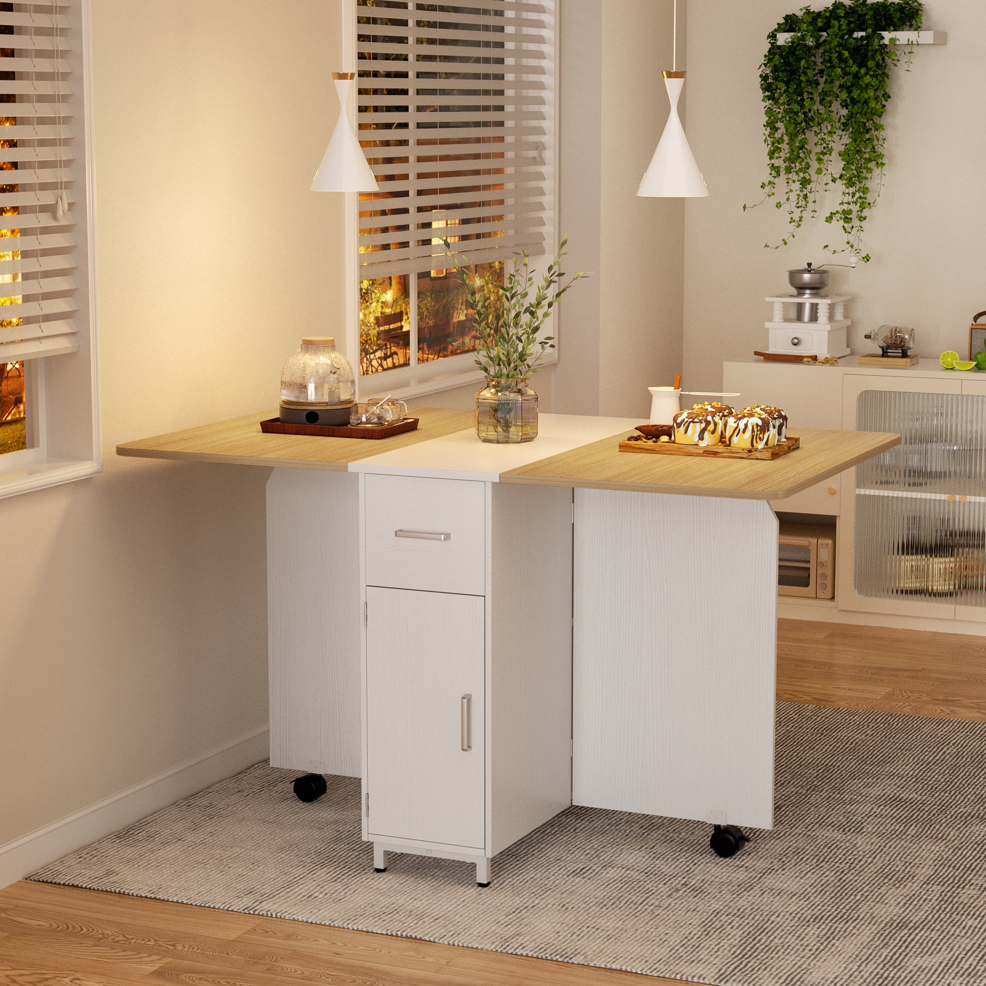 iSunirm Folding Dining Table with Storage, 51.2" Dining Table for 2-4 People, Wooden Dining Table with Under Cabinet, Desktop is Foldable., Portable Dining Table for Home, White & Nature