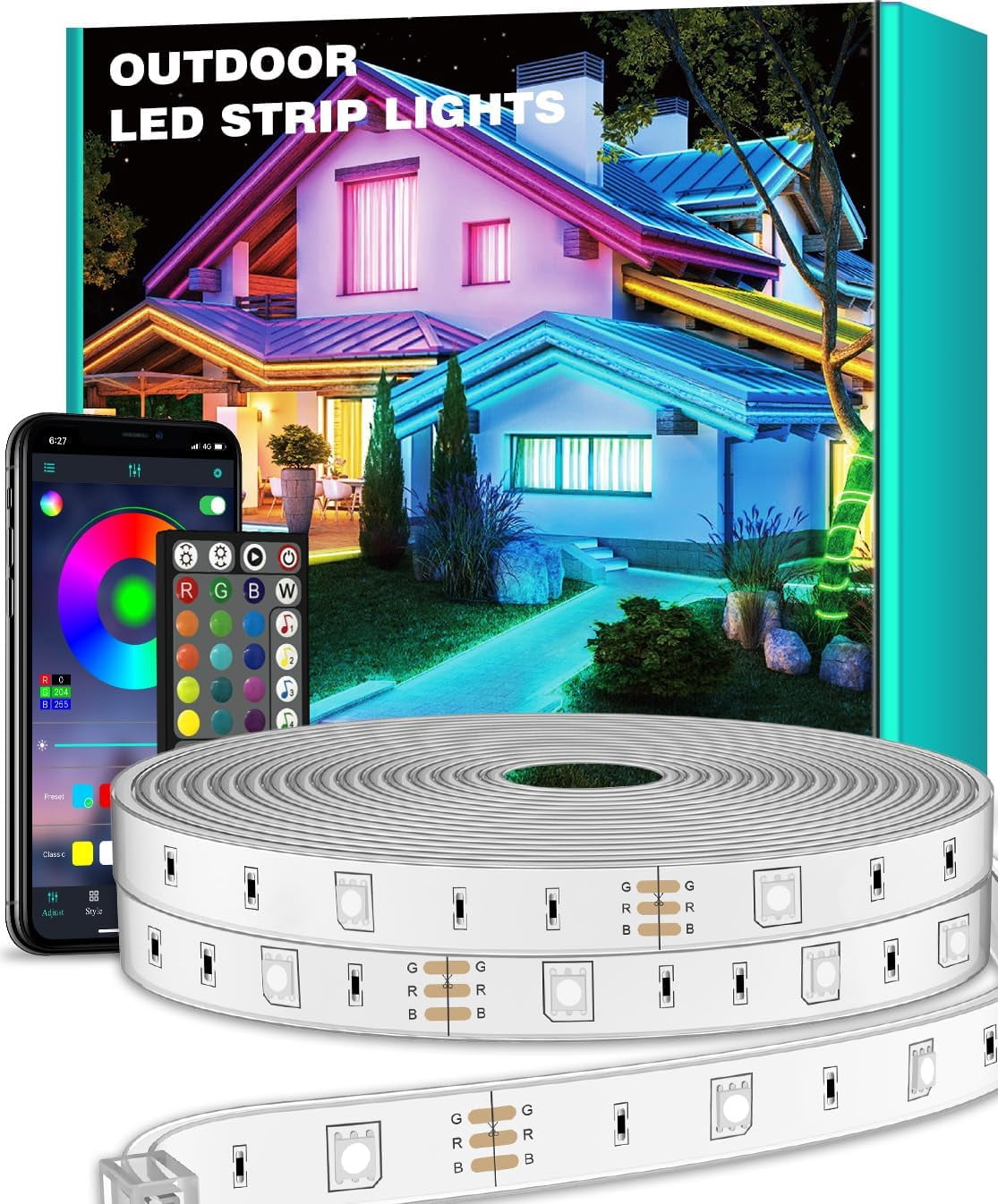 50ft Outdoor LED Strip Lights Waterproof with self-Adhesive Back,IP68 Outside Led Lights Strips Waterproof with Bluetooth App Remote,Music Sync RGB Exterior Led Rope Lights,for Balcony,Deck