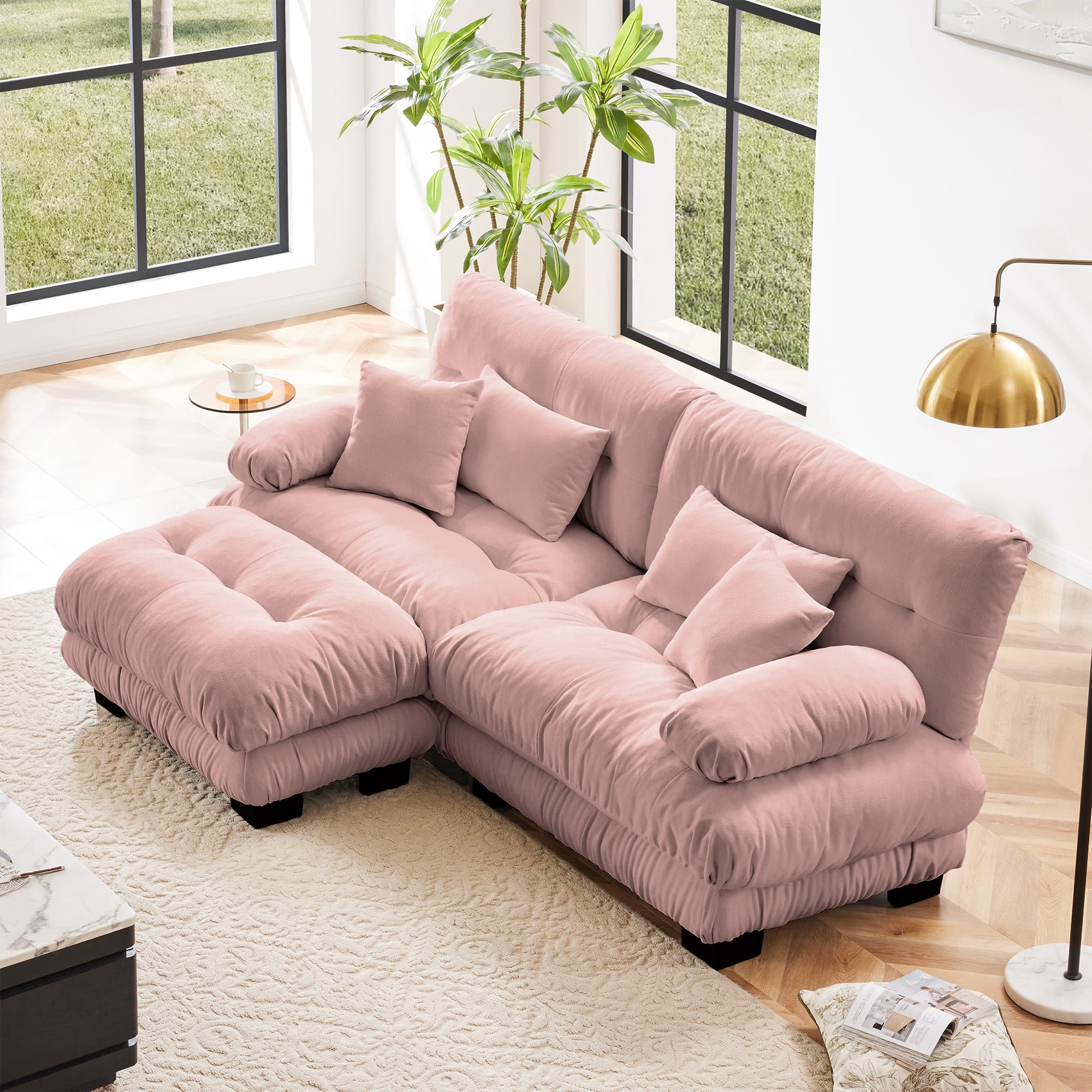 Gewnee Loveseat Pink Chenille Cloud Couch Sectional Sofa,2-Seater Upholstered Wide Arm Sofa with Convertible Ottoman for Living Room