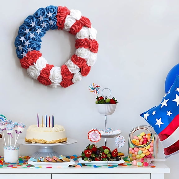 15.75 Inch Independence Day USA Flag Patriotic Wreath, Red White Blue Star Floral Wreath for Front Door Wall Home Party Decor