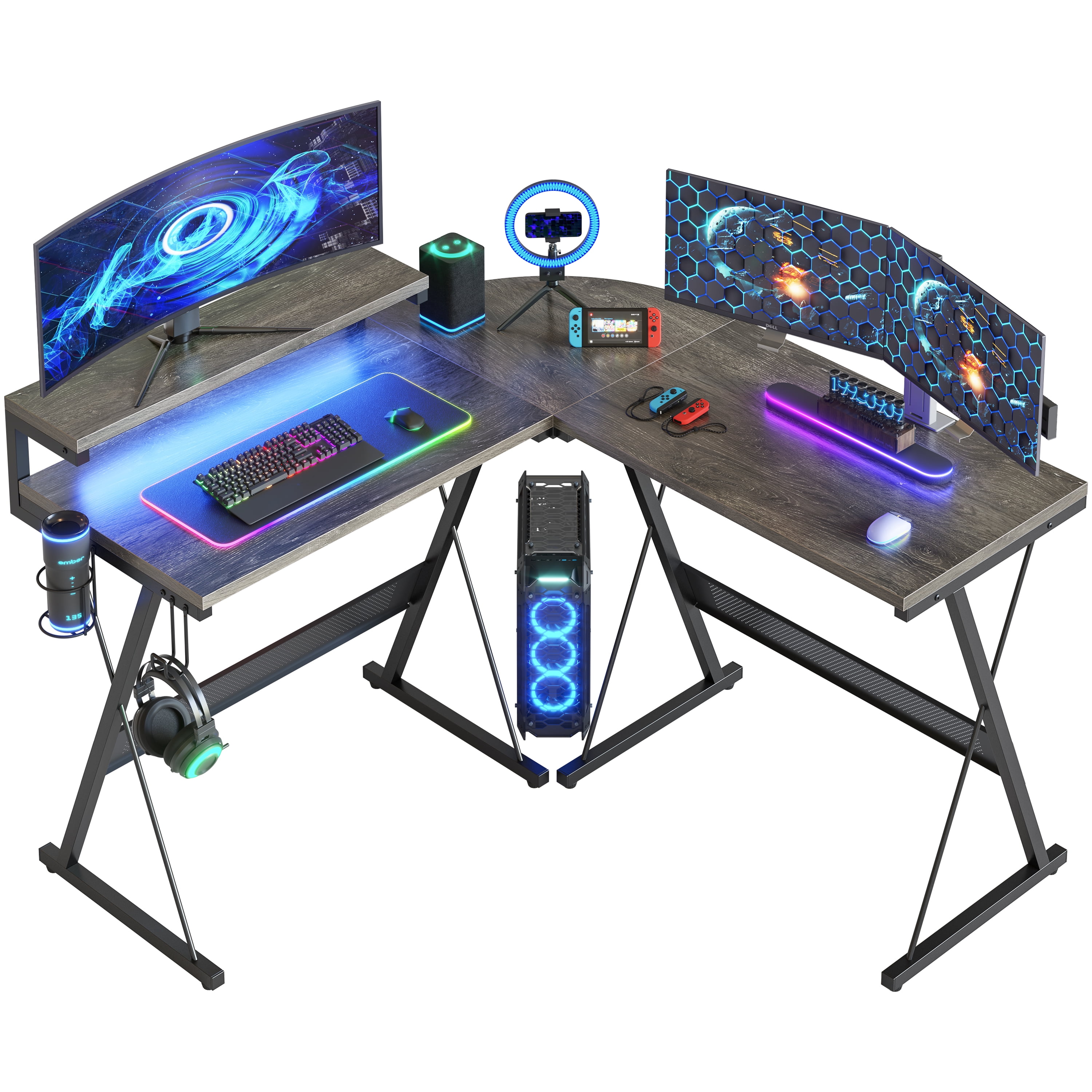 Bestier LShaped Gaming Desk Computer Desk with Monitor Stand Grey