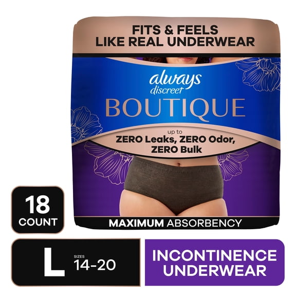 Always Discreet Boutique Incontinence Underwear, Maximum Protection, L, Black, 18 Count