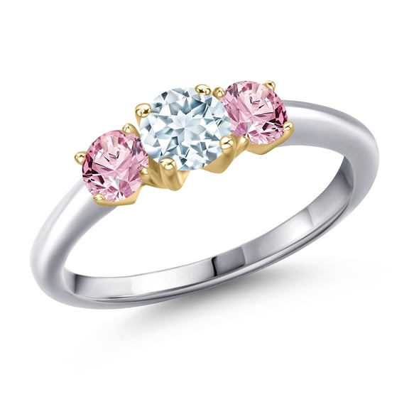 Gem Stone King 925 Silver and 10K Yellow Gold Sky Blue Aquamarine and Pink Lab Grown Diamond Engagement Ring for Women | 1.00 Cttw | Round 5MM | Gemstone March Birthstone | Size 5