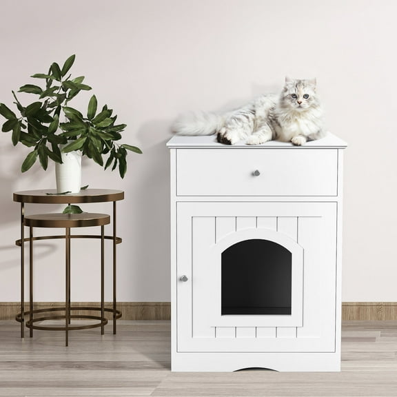 Smuxee Cat Washroom Litter Box Cover, Nightstand Pet House with Drawer, White