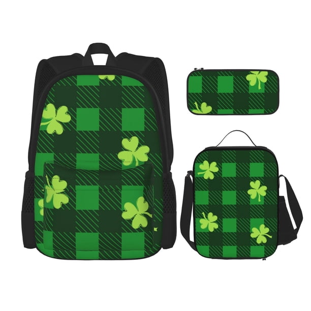 Easygdp Happy St. Patrick's Day5 Mochila para Niños y Niñas con Set de Caja de Almuerzo y Estuche para Lápices 3 en 1, Mochila Escolar Estampada para Adolescentes