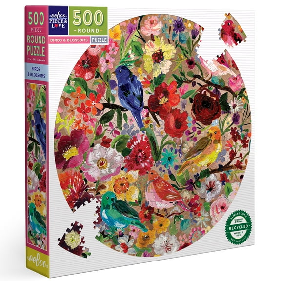 eeBoo Piece and Love Birds & Blossoms 500 Piece Round Adult Jigsaw Puzzle, 23" in diameter once completed, 14 Years and Up.