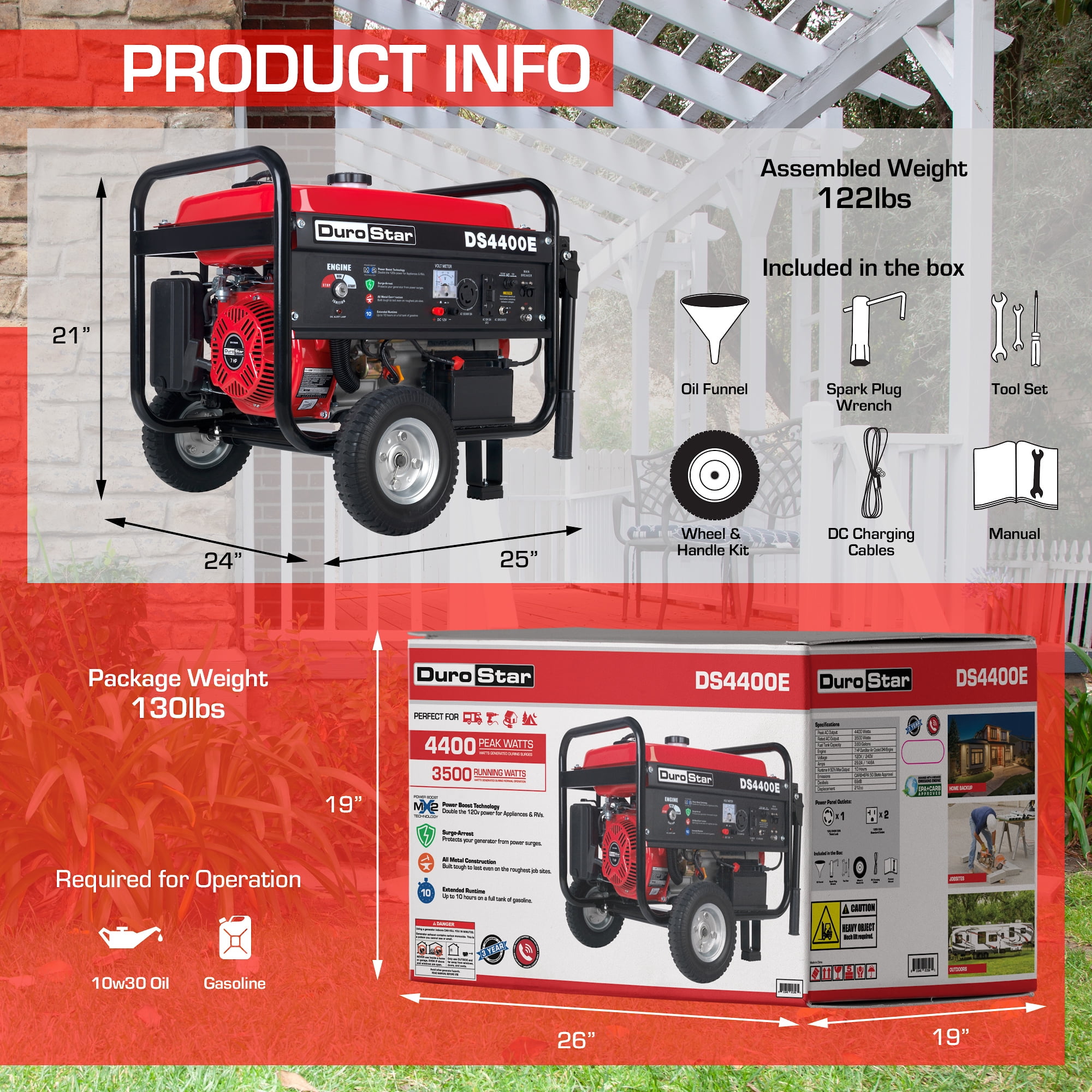 DuroStar DS4400E Gas Powered Portable Generator - 4400 Watt -Electric Start- Camping & RV Ready, 50 State Approved