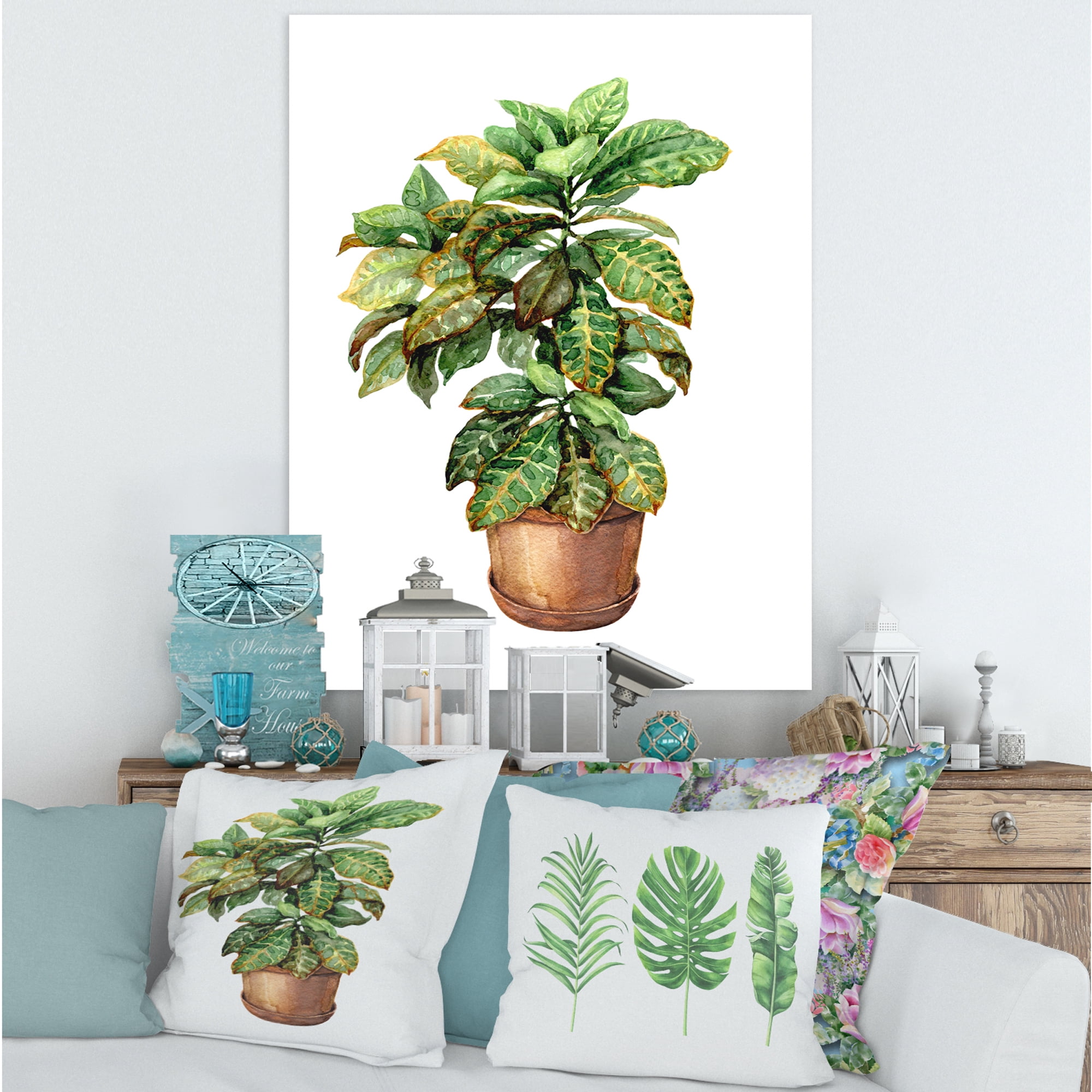 Green Croton In Clay Flowerpot 16 in x 32 in Painting Canvas Art Print, by Designart