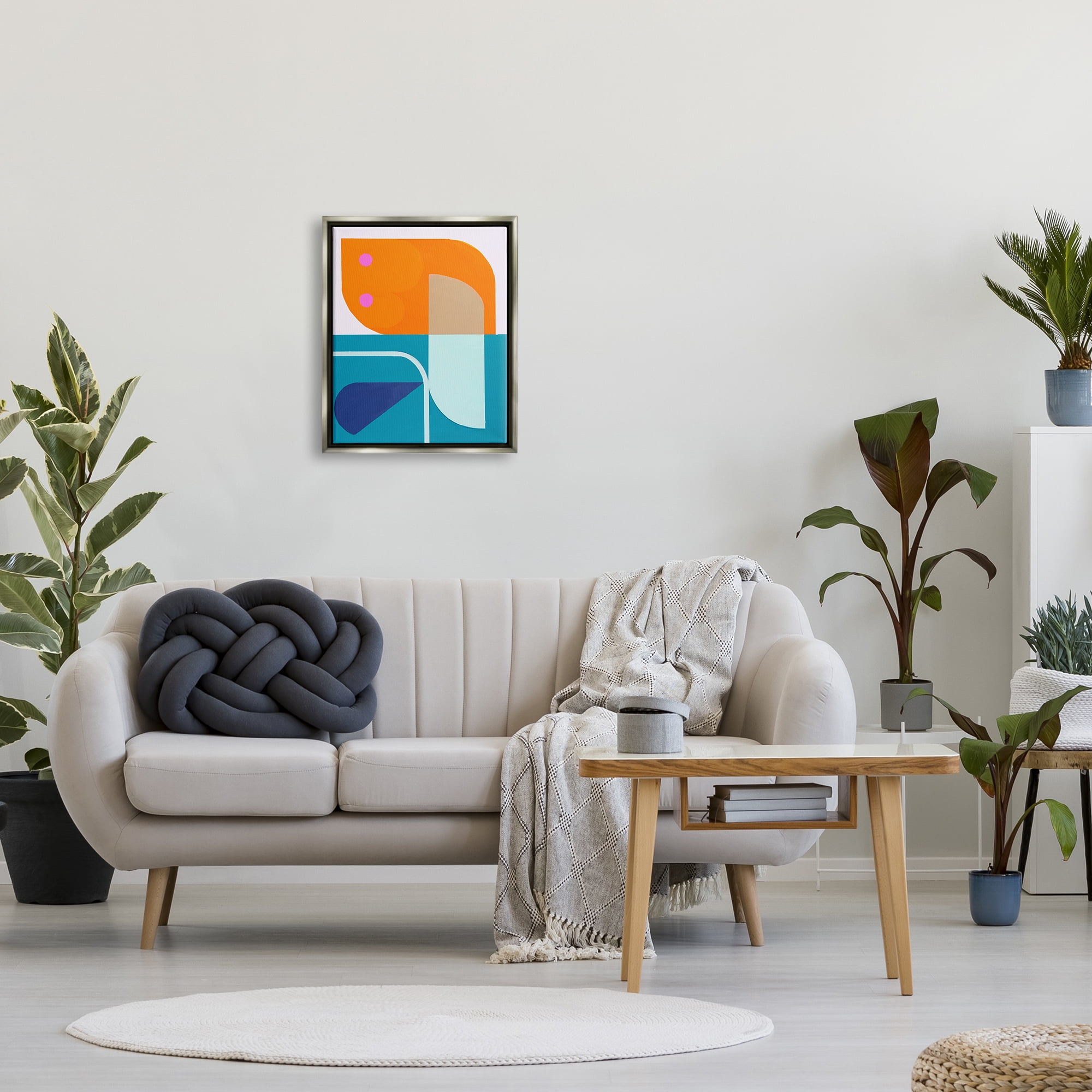 Stupell Industries Orange & Blue Contemporary Abstract Painting Gray Floater Framed Canvas Art Print Wall Art, 17 x 21