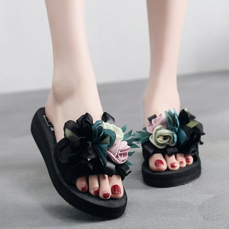 

Daznico Slippers for Women Women s Bohemian Flower Wedges Slippers Summer Sandals Non-slip Beach Shoes Black 6.5