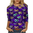 thumbnail image 2 of Cavosen Mardi Gras Womens Blouses Three Quarter Length Sleeves Holiday Carnival Round Neck Tops Mask Graphic Print Blouse Festival Novelty Shirts Casual Workout T-Shirts Purple 2XL, 2 of 5