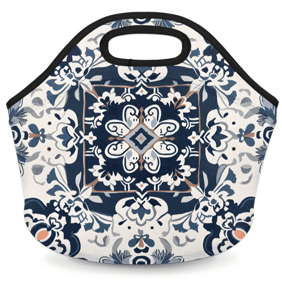 Herdesigns Boho Bohemian Neoprene Lunch Bag, Vintage Floral Insulated Lunch Box for Women Men Washable Lunch Tote Soft Lunch Container With Zipper for Work Picnic Travel