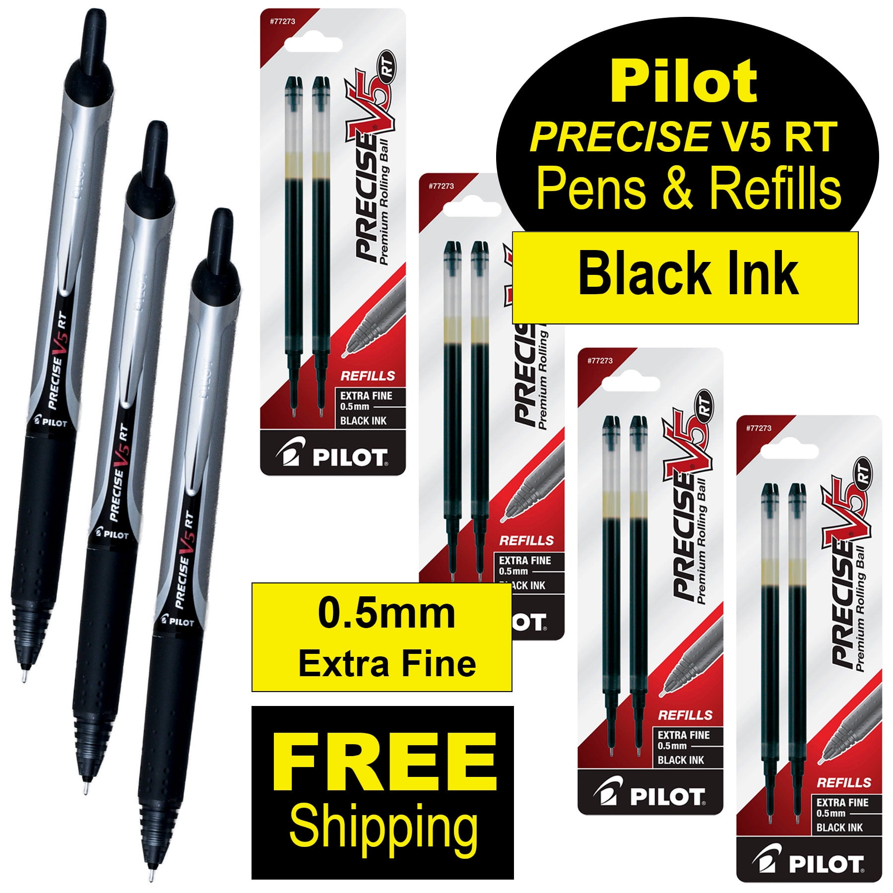 Pilot Precise V5 RT 26062 Pens & Refills, Black Ink, 0.5mm Extra Fine