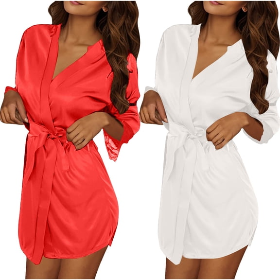 SHTXOZHI 2 Piece Robes for Women 3/4 Sleeve Bathrobe Solid Color Short Sleepwear Open Front Basic Homewear with Belt