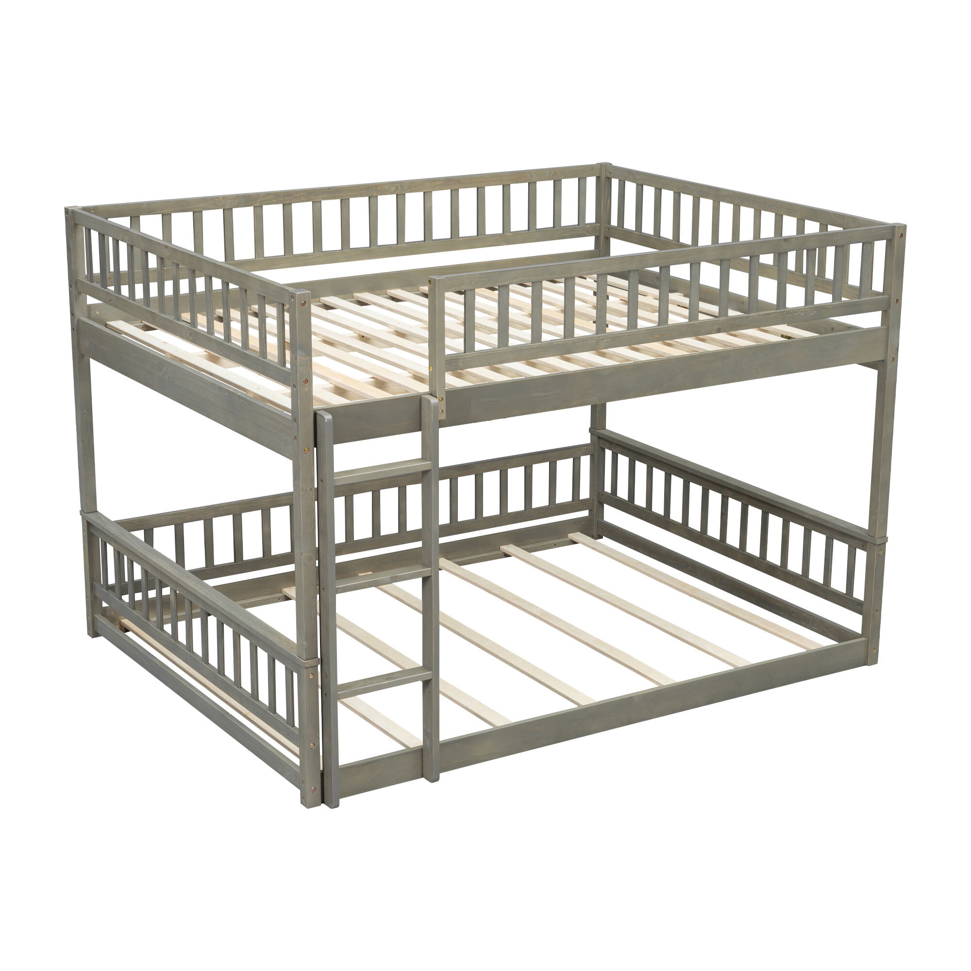 Euroco Wood Queen over Queen Bunk Bed with Ladder and Guardrails, Gray