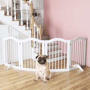 Zephypaws 27.6" Height Freestanding Pet Gate, 4 Panels Foldable Wooden Dog Gate for Stairs, Doorways, Halls, Kitchens White