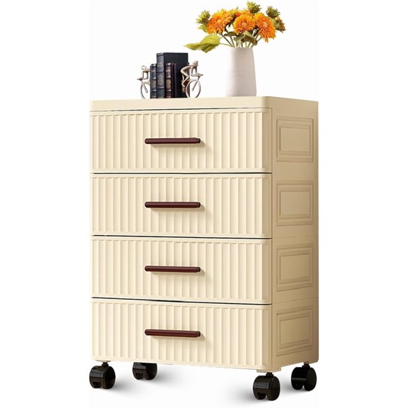 Homhougo Plastic Storage Drawer Cart, 4 Drawer Pull Out Home Organization Storage Container Rolling Bin Vertical Storage Unit for Bedroom Living Room Office Entryway