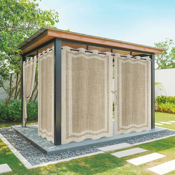 Multi Border Outdoor Curtains for Patio, Retro Country Khaki Beige Burlap Texture Sunshade Privacy Drapes Grommet Waterproof Outside Curtains for Porch/Cabana/Balcony 54"x 95", 2 Panel
