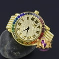 thumbnail image 2 of Roman Numeral Face Exclusive Custom Time Piece Multi Rainbow Gold Tone Simulated Diamond Dial Solitaire Men's Watch XL 55mm W/Date, 2 of 8
