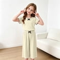thumbnail image 6 of WRKEKC Girls 2 piece Outfits Solid Scalloped Bow Short Sleeve Round Neck Top and Wide Leg Long Pants Set for 0-11 Years, 6 of 9